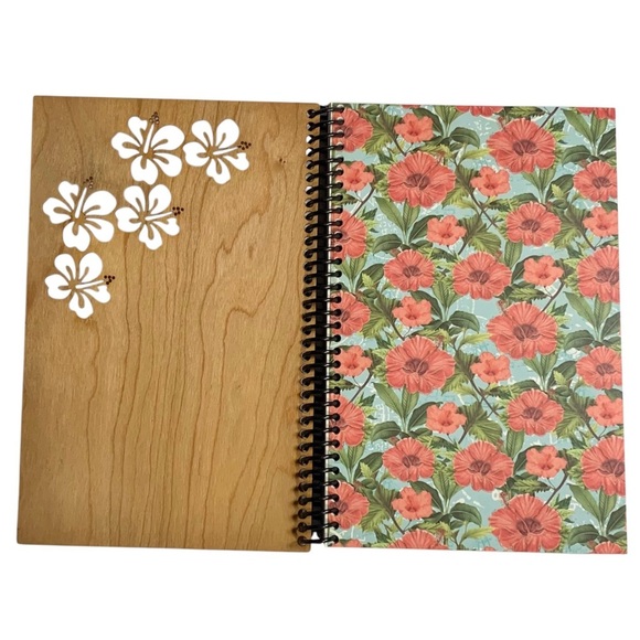 Hibiscus Floral Wooden Cover Spiral Sketchbook Unlined Notebook Journal, [NEW] - Picture 5 of 10